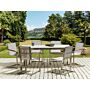 Garden Dining Set White Tabletop Glass Stainless Steel Frame Beige Set Of 6 Chairs Textilene