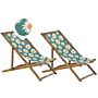 Set Of 2 Garden Deck Chairs Light Acacia Wood Frame Chamomile Pattern Replacement Fabric Hammock Seat Reclining Folding Sun Lounger