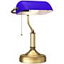 Homcom Banker's Desk Lamp With Antique Bronze Tone Base, Table Lamp With Blue Glass Shade For Home Office, Blue