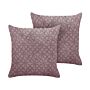 Set Of 2 Decorative Cushions Pink Velvet And Cotton 45 X 45 Cm Geometric Pattern Block Printed