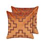 Set Of 2 Decorative Cushions Orange Velvet 45 X 45 Cm Geometric Pattern