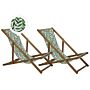 Set Of 2 Garden Deck Chairs Light Acacia Wood Frame Leaf Pattern Replacement Fabric Hammock Seat Reclining Folding Sun Lounger