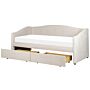 Daybed Light Beige Eu Single Size Polyester Upholstery Slatted Frame Eucalyptus Wood Plywood Drawers