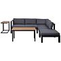 Garden Corner Sofa Set Black Aluminium Frame With Grey Cushions 5 Seater Coffee Table And Side Table