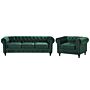 Chesterfield Living Room Set Green Velvet Fabric Upholstery Dark Wood Legs 3 Seater Sofa + Armchair Contemporary