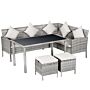 Outsunny 6-seater Garden Outdoor Patio Rattan Corner Dining Set Wicker Sofa, Foot Stool, Dining Table With White Cushions, Mixed Grey