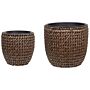 Set Of 2 Plant Pots Brown Pe Rattan Round With Plastic Insert