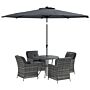 Outsunny 6 Pieces Garden Dining Set, 4 Seater Rattan Dining Set Outdoor With Umbrella, Cushions, Tempered Glass Top Table