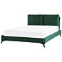 Eu Double Size Bed Green Velvet Upholstery 4ft6 Slatted Base With Thick Padded Headboard With Cushions