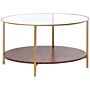 Coffee Table Gold Dark Wood Tempered Glass Iron Particle Board Ø 80 Cm With Shelf Round