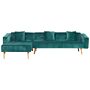 Corner Sofa Bed With 3 Pillows Green Velvet Upholstery Light Wood Legs Reclining Right Hand Chaise Longue 4 Seater