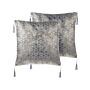 Set Of 2 Decorative Cushions Silver Jacquard Cube Pattern 45 X 45 Cm With Tassels Geometric Print