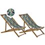 Set Of 2 Garden Deck Chairs Light Acacia Wood Frame Pelican Pattern Replacement Fabric Hammock Seat Reclining Folding Sun Lounger