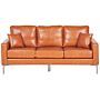 Sofa Brown Faux Leather 3 Seater Cushioned Seat And Back Metal Legs With Throw Pillows