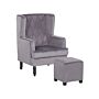 Armchair With Footstool Grey Velvet Fabric Wooden Legs Wingback Style