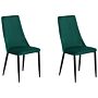 Set Of 2 Dining Chairs Green Velvet Upholstered Seat High Back