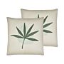 Set Of 2 Decorative Throw Cushions Green Polyester Cotton 45 X 45 Cm Boho Embroidered Leaf Motif