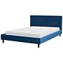 Eu Double Size Panel Bed 4ft6 Blue Velvet Slatted Frame