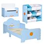 Zonekiz 3pcs Kids Bedroom Furniture Set With Bed, Toy Box Bench, Storage Unit With Baskets, Space Themed, For 3-6 Years Old, Blue