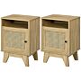 Homcom Bedside Table With Rattan Element, Side End Table With Shelf And Cupboard, 39cmx35cmx60cm, Natural