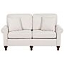 2 Seater Sofa Sand Beige Fabric Upholstery Scrolled Arms Wood Frame Throw Pillows