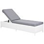 Sun Lounger White Faux Rattan With Cushion Adjustable Headrest