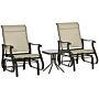 Outsunny Set Of 3 Gliding Chair & Tea Table Set, Outdoor Rocker Set With 2 Armchairs, Tempered Glass Tabletop, Khaki