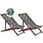 Set Of 2 Garden Deck Chairs Dark Acacia Wood Frame Pelican Pattern Replacement Fabric Hammock Seat Reclining Folding Sun Lounger