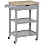 Homcom Kitchen Trolley Utility Cart On Wheels With Rubberwood Worktop, Towel Rack, Storage Shelves & Drawer, Grey