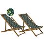 Set Of 2 Garden Deck Chairs Light Acacia Wood Frame Olives Pattern Replacement Fabric Hammock Seat Reclining Folding Sun Lounger