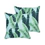 Set Of 2 Garden Cushions Green Polyester 45 X 45 Cm Square Leaf Pattern Motif Modern Design Throw Scatter Pillow