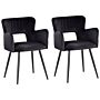 Set Of 2 Chairs Dining Chair Black Velvet With Armrests Cut-out Backrest Black Metal Legs