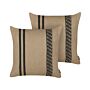 Set Of 2 Decorative Cushions Beige And Black Jute 45 X 45 Cm Woven Removable With Zipper