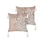 Set Of 2 Scatter Cushions Taupe Velvet 45 X 45 Cm Marine Coral Motif Square Polyester Filling