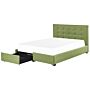 Eu Double Size Bed Green Fabric 6ft Upholstered Frame Buttoned Headrest With Storage Drawers