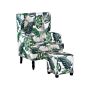 Armchair With Footstool White And Green Leaf Pattern Fabric Wooden Legs Wingback Style