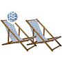 Set Of 2 Garden Deck Chairs Light Acacia Wood Frame White And Blue Replacement Fabric Hammock Seat Reclining Folding Sun Lounger