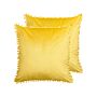 Set Of 2 Scatter Cushions Yellow Velvet 45 X 45 Cm With Mini Pom Poms Chair Cushion