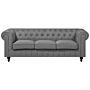 Chesterfield Sofa Light Grey Fabric Upholstery Dark Wood Legs 3 Seater