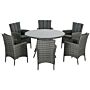 Outsunny 7 Pieces Pe Rattan Dining Set W/ Cushions, Garden Furniture Set W/ Six Armchairs, Patio Conservatory W/ Tempered Glass Tabletop