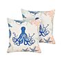 Set Of 2 Scatter Cushions Beige Linen 45 X 45 Cm Marine Octopus Pattern Square Polyester Filling