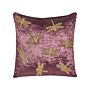 Decorative Cushion Purple Velvet 45 X 45 Cm Animal Pattern Dragonfly Motif Modern Glamour Pillow