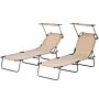 Outsunny Outdoor Foldable Sun Lounger Set Of 2, 4 Level Adjustable Backrest Reclining Sun Lounger Chair With Angle Adjust Sun Shade Awning Brown