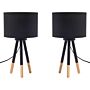 Set Of 2 Table Lamps Black Metal 40h Cm Wooden Tripod Base Black Fabric Shade