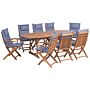 Outdoor Dining Set Light Acacia Wood With Blue Cushions 8 Seater Table Folding Chairs Rustic Design Beliani