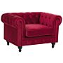 Chesterfield Armchair Dark Red Velvet Fabric Upholstery Dark Wood Legs