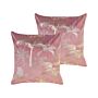 Set Of 2 Pink Decorative Pillows Velvet 45 X 45 Cm Palm Motif Pattern Modern Traditional Cushions