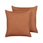 Set Of 2 Decorative Cushions Orange Linen 45 X 45 Cm Solid Colour Home Decoration