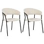 Set Of 2 Dining Chairs Cream Velvet Fabric Upholstery Black Metal Legs With Armrests Curved Backrest