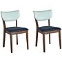 Set Of 2 Dining Chairs Dark Rubberwood Blue Fabric Armless Retro